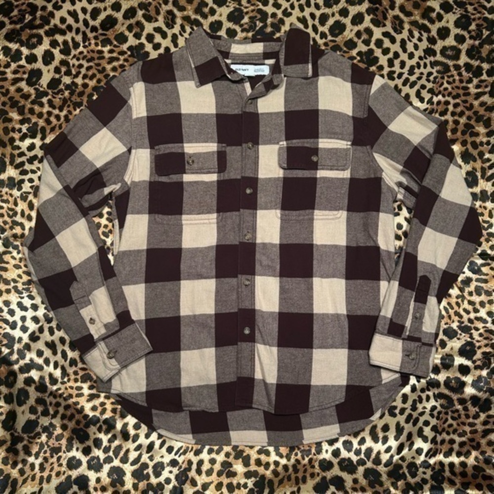 Old Navy Burgundy & Cream Regular Fit Built-In Flex Button Down Flannel